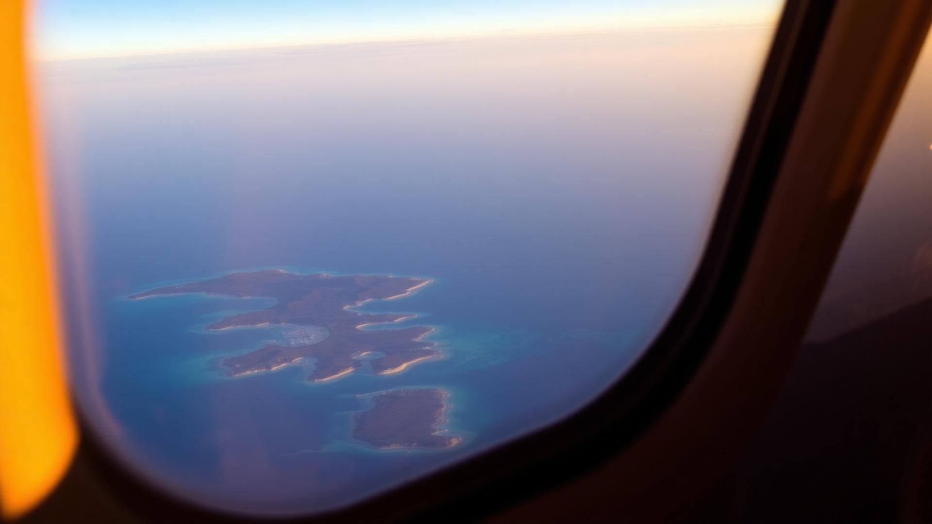 View of a turquoise coastline from an aeroplane window at golden hour